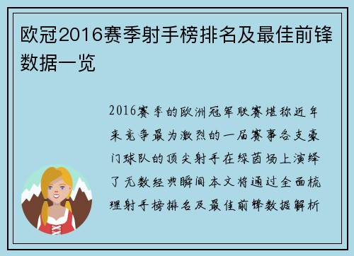 欧冠2016赛季射手榜排名及最佳前锋数据一览